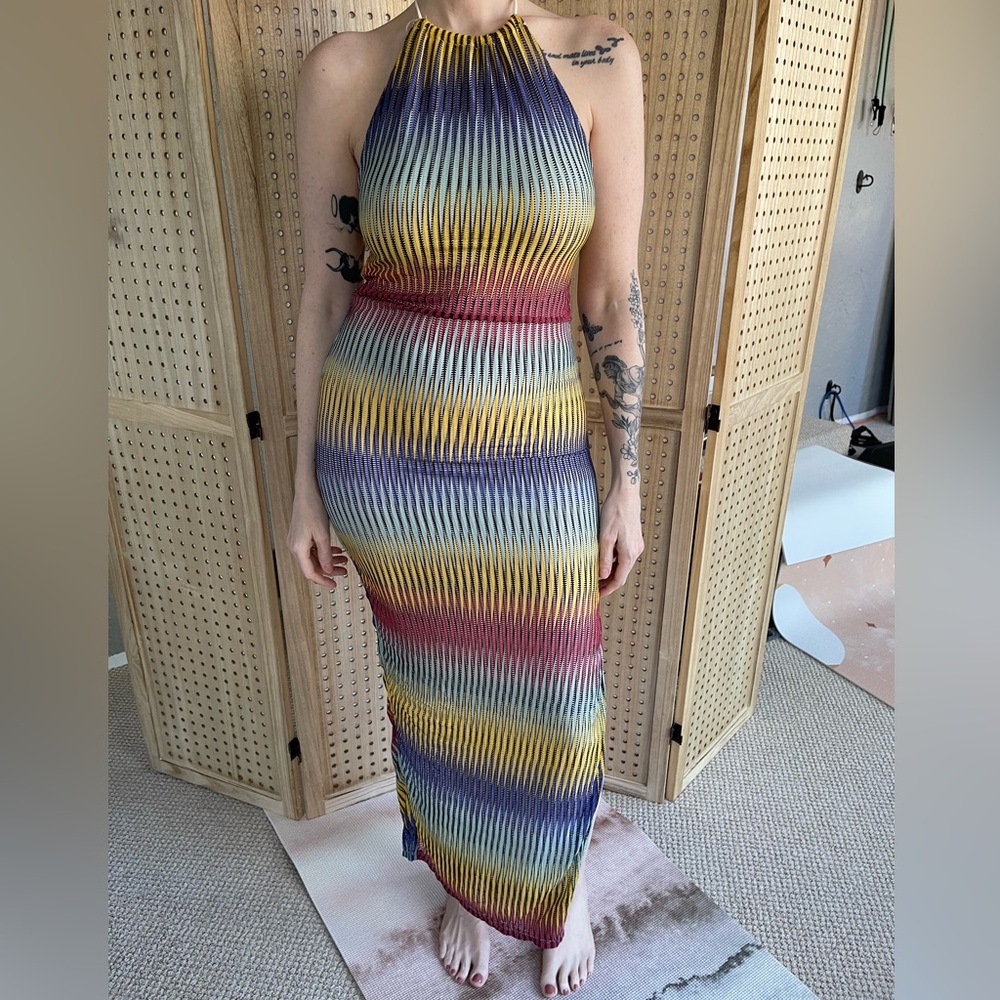 Retro Rainbow Halter Maxi Dress